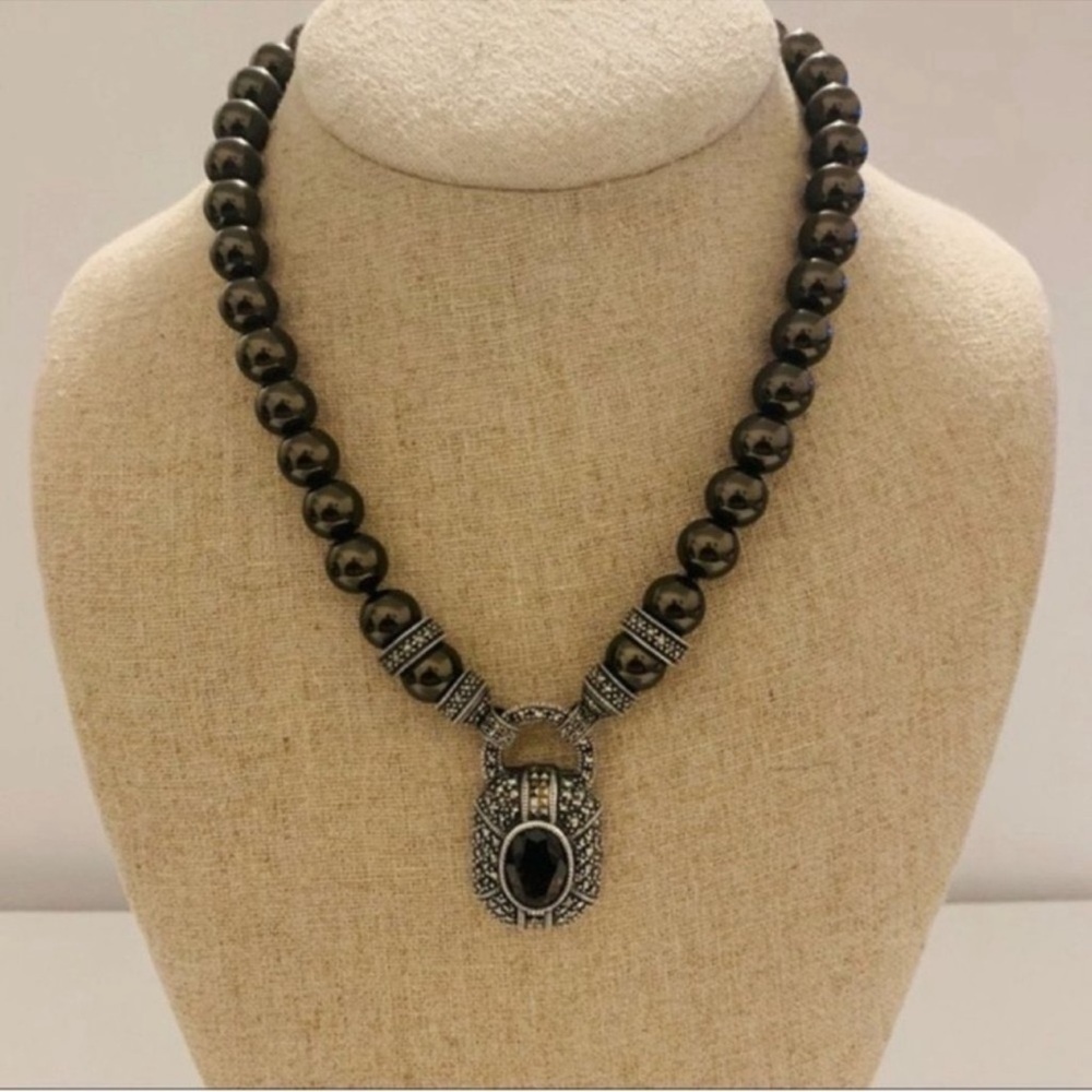Judith Jack  | Necklace | Marcasite, Faux Pearls with Smoky Quartz Penda…